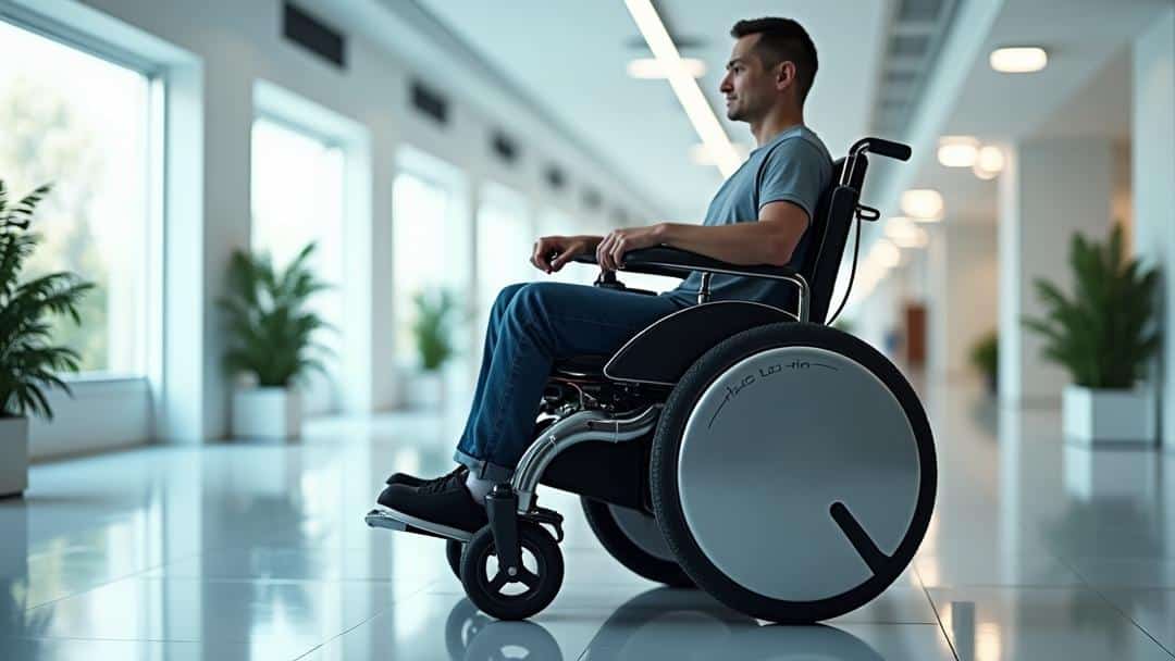 man sitting in an electric wheelchair in an office