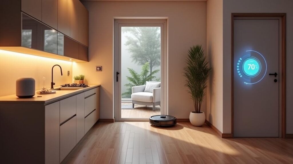 Smart-home-devices-2025-09-06T163431.982Z kitchen with a wooden floor and white walls featuring smart home devices