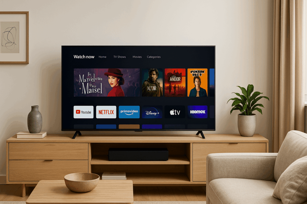 12b23652-cfee-4347-8198-3e70472cf2ab-1 flat screen Smart TV sitting on top of a wooden entertainment center